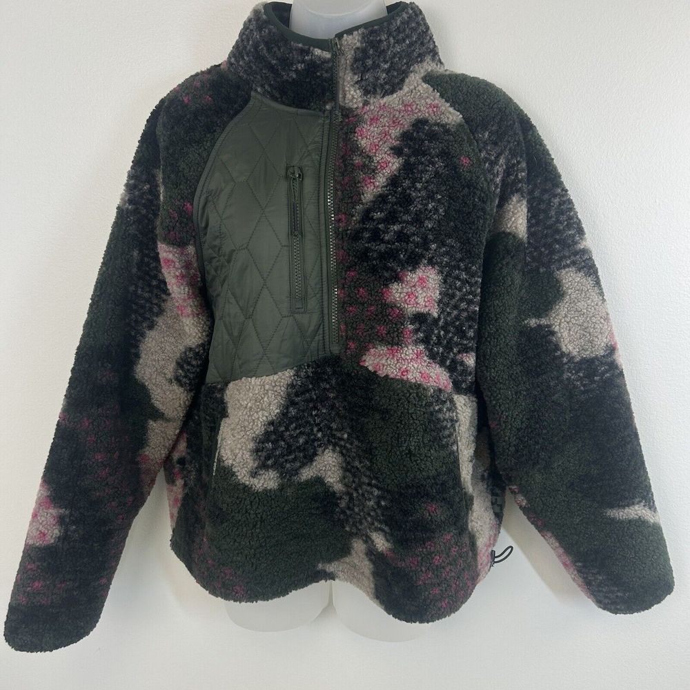 Joy Lab Jacket Womens XL Camouflage Pink Green Tan Mock Neck Sherpa Fleece